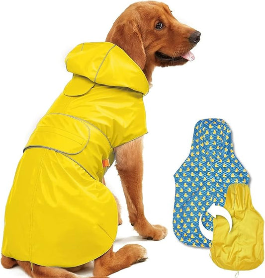 Dog Raincoat Reversible, Single Side Slicker Poncho Adjustable Waterproof Dog Rain Jacket with Leash Hole/Reflective Stripe Hooded Snowproof Windproof Clothes for Small to 3X-Large Dogs, M