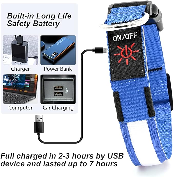 YFbrite Ultra Light Adjustable LED Dog Collar, Light up Dog Collars Rechargeable Glowing in The Dark Collars Visiblity & Safety for Small, Medium, Large Dogs (Blue, Medium)