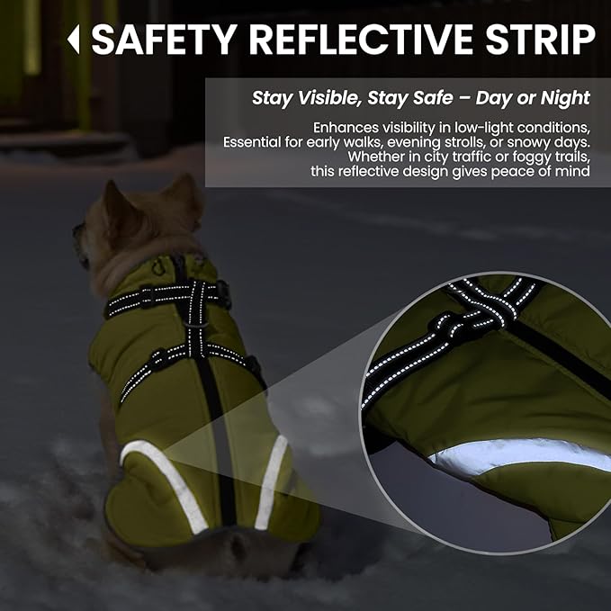 QBLEEV Dog Coat for Small Dogs, Waterproof Dog Jacket with Built-in Harness, Puppy Cold Weather Coats Reflective Vest, Windproof Warm Fleece Snowsuit Winter Coat for Chihuahua, Yorkie, Green, XS