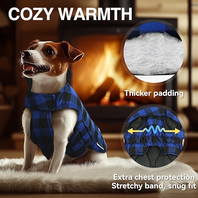 VIVAGLORY Softjoy Dog Coat, Dog Jacket for Winter & Christmas, Coat with Harness Hole & Velcro Closure, Reversible Plaid Checkered Warm Fluffy Heavy Duty for Puppy, XS, Sapphire Blue Plaid