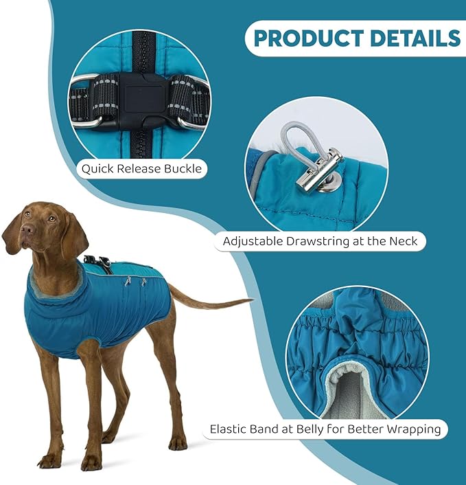 IDOMIK Warm Dog Coat with Harness, Waterproof Reflective Dog Jackets for Small Medium Large Dogs, Fleece High Collar Winter Jacket with Zipper, Pet Winter Snowsuit Clothes for Cold Weather,Blue XL
