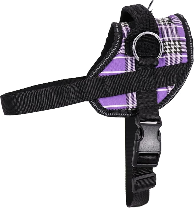 Bark Appeal Purple Plaid No-Pull Dog Harness for XS to Small Sized Pets – Adjustable, Reflective Vest with 3 Leash Clips for Added Control, Easy Walks & Training – Small