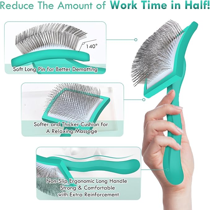 Dog Slicker Brush for Medium or Long Haired Dogs, Long Pin Slicker Brush for Removes Loose Hair, Tangles and Knots, Best Grooming Tools for Small Animals, Large, Free Pet Comb, Green