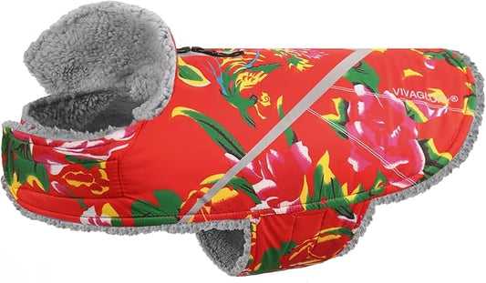 VIVAGLORY Snowrap Dog Coat, Jacket with Harness Hole & Velcro Closure, Dog Coat for Winter & Cold Weather, Fluffy Warm Fleece Lined Reflective Water Resistant for Puppy, S, Northeast Florals-Red