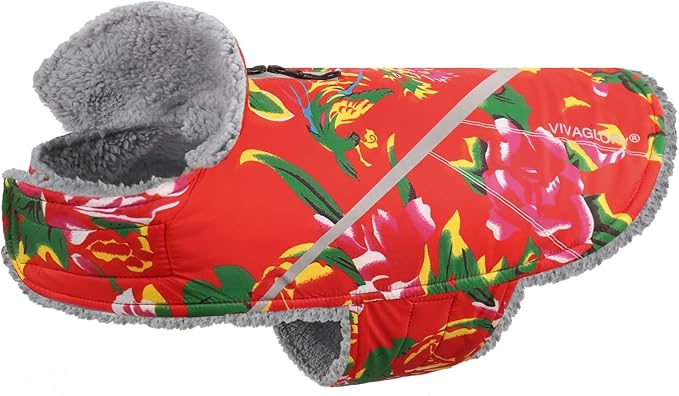 VIVAGLORY Snowrap Dog Coat, Jacket with Harness Hole & Velcro Closure, Dog Coat for Winter & Cold Weather, Fluffy Warm Fleece Lined Reflective Water Resistant for Puppy, XS, Northeast Florals-Red