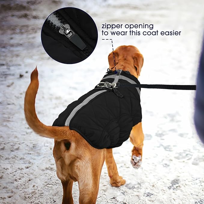 FUAMEY Dog Coat for Large Dogs,Waterproof Dog Winter Jacket with Harness Built in Puppy Cold Weather Coats Reflective Pet Vest with Zipper Warm Fleece Dogs Snowsuit Windproof Solid Black XL