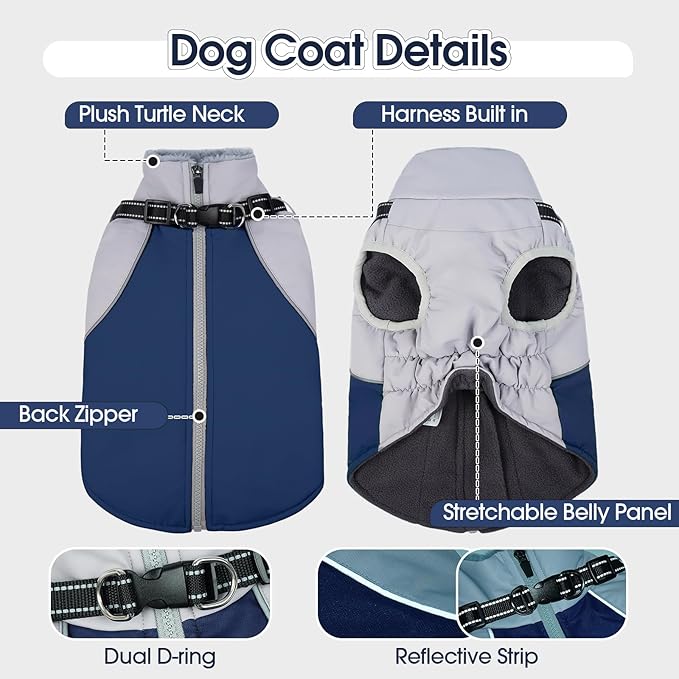 DENTRUN Dog Coat with Harness Built in, Easy On/Off Zipper Closure Winter Dog Vest, Water-Repellent Fleece Lined Warm Jacket with Reflective for Large Dogs, Dark Blue, XL