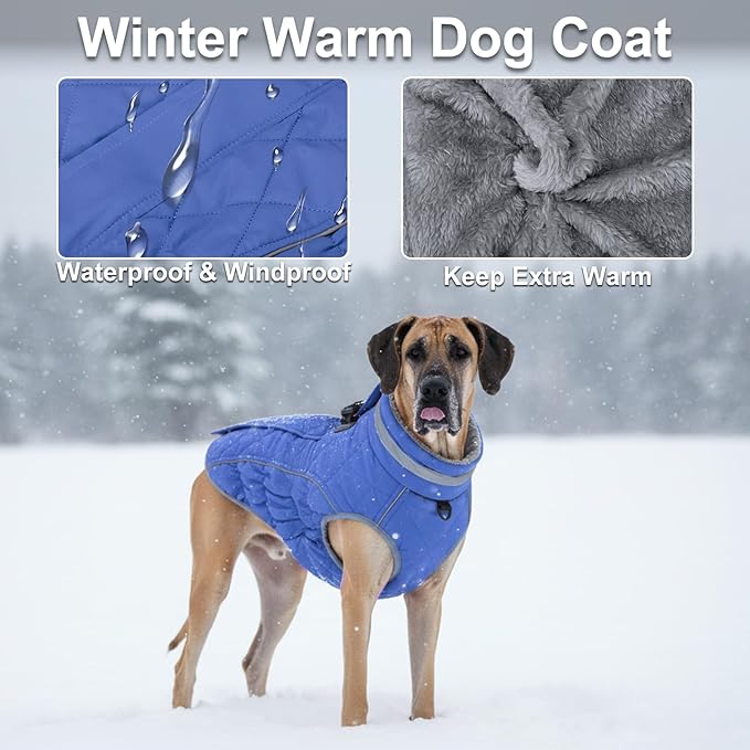 Dog Coat, Warm Dog Winter Coat for Large Dogs, Waterproof Jacket with Harness Built in, Reflective Turtleneck Cold Weather Coats with Zipper,Pet Fleece Vest Snow Jacket, Blue XXL