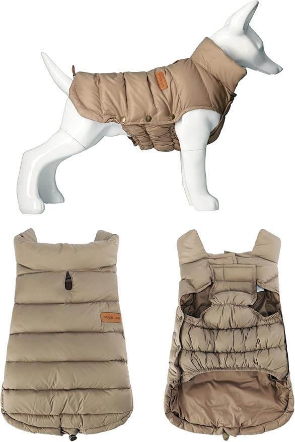 SPACE LION Dog Puffer Jacket, Down Winter Coat, Durable Outdoor Coat for Cold and Windy Conditions, Waterproof, Lightweight Jacket, Adjustable Fit for Small, Medium, Large Dogs(Camel,20/XL)