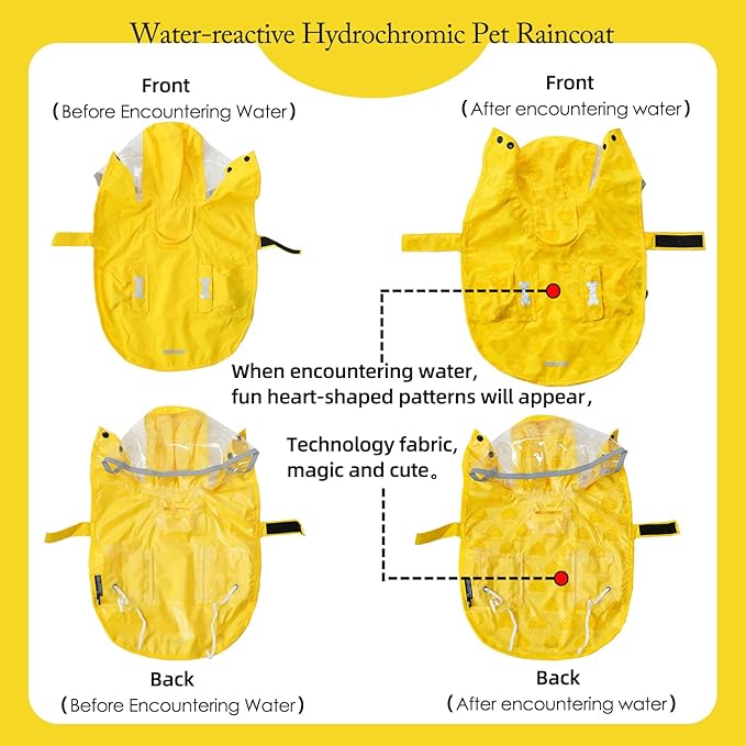 Dog Raincoat,Waterproof Rain Poncho with Hoodie, High Reflective Adjustable Pet Rain Jacket with Leash Hole for Small Medium and Large Dogs (Yellow(Water-Reactive Hydrochromic), Small: 9-13lbs)