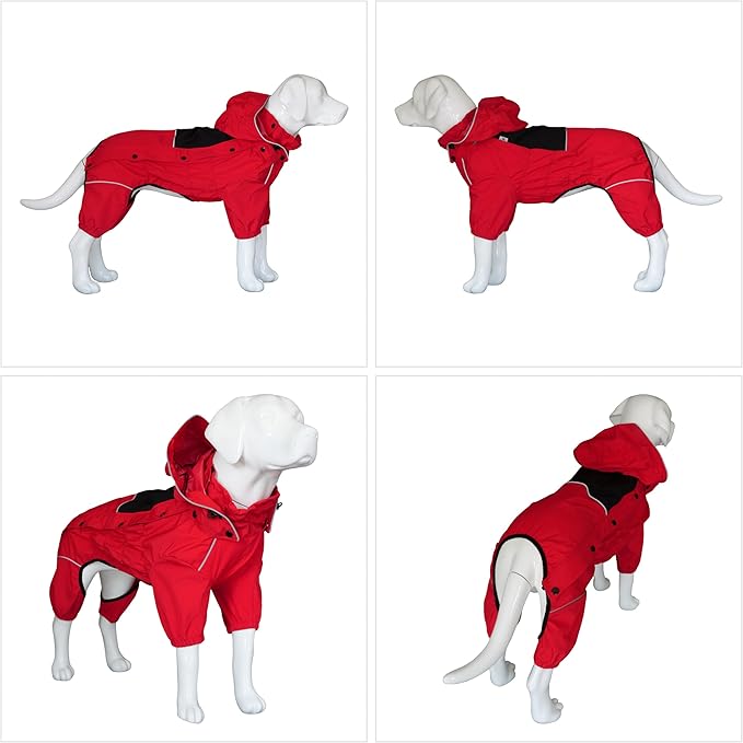 LOVELONGLONG Waterproof Dog Raincoat with Removable Hood – Outdoor Full Body Dog Jacket, Windproof Snowproof Shell Suit – All Season Pet Rain Gear Red S