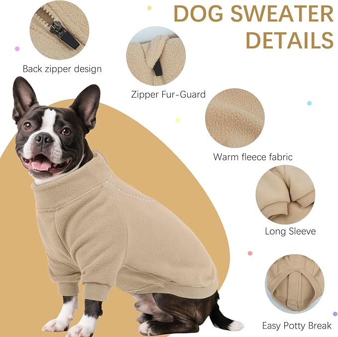 BRKURLEG Dog Sweater, Turtleneck Thick Dogs Sweatshirts Fleece Sweater, Dog Winter Coat for Small Medium Large Dogs, Pet Warm Sweaters with Zipper, Pullover Jacket with Sleeve (Light Coffee, XXL)