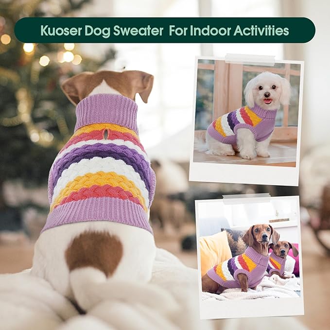 Kuoser Dog Sweater, Large Sweaters for Dog Girls Boys Christmas Thanksgiving Outfit, Thick Fall Winter Cable Knitwear, Pet Sweatshirt Warm Clothes Turtleneck Pullover, Purple L