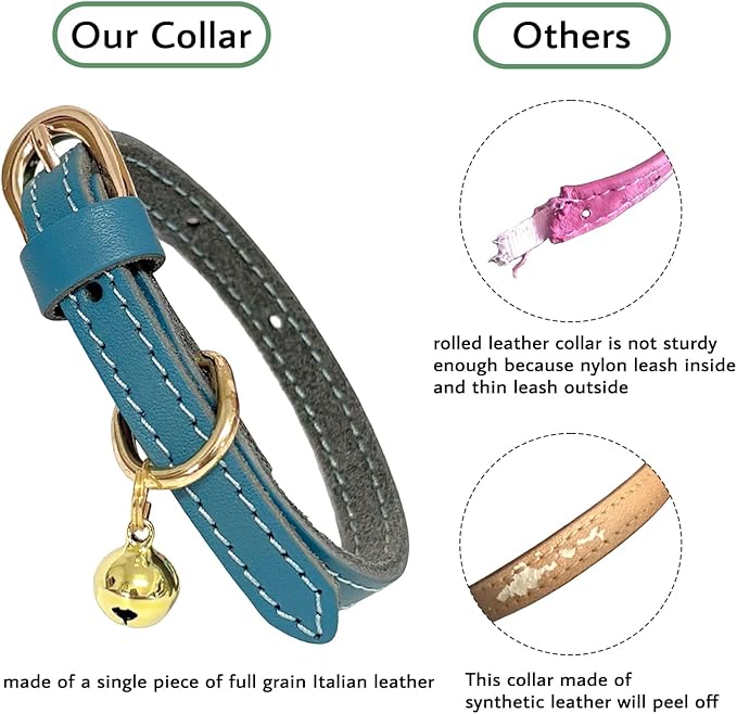Guiding Star Leather Collar for Puppy, Cute Soft Thin Dogs Collars for Small Medium Dogs, Cat Collar with Bell (Blue, XXS, 6.2"-10")