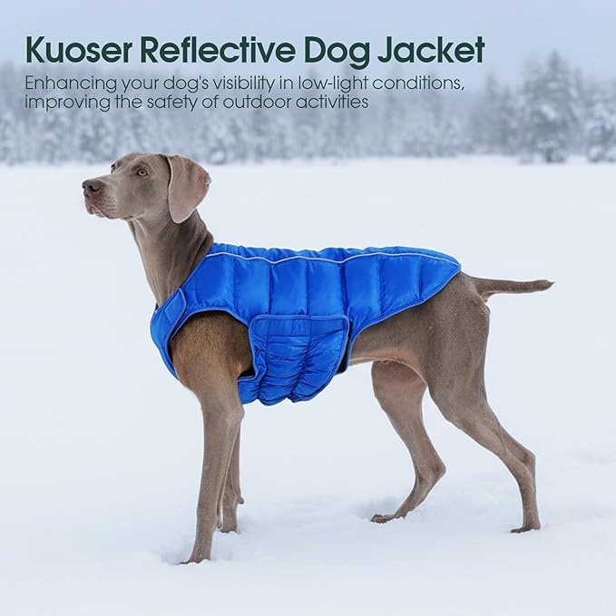 Kuoser Dog Puffer Jacket Warm Dog Coat for Extra Large Dogs, Windproof Reflective Pet Padded Vest Cold Weather Clothes Puppy Snowsuit with Hook & Loop Coats, Easy On/Off, Blue 3XL