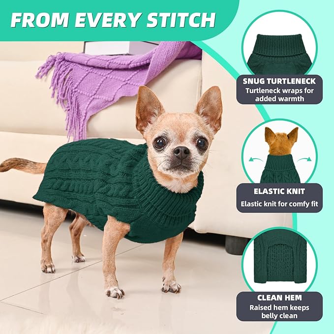 2 Pack Dog Sweaters for Small Dogs Turtleneck Pullover Cable Knit Puppy Stretch Clothes Chihuahua Yorkie Pomeranian Toy Poodle Boy Girl Pets Winter Doggie Clothes (S, Green & Brown)