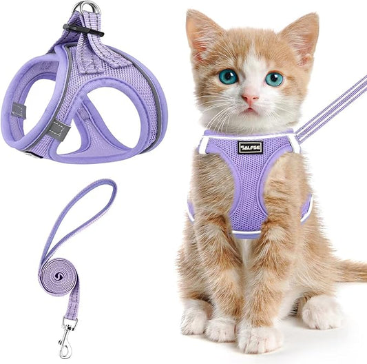 Cat Harness and Leash for Walking Escape Proof, Adjustable Kitten Vest Harness Reflective Soft Mesh Puppy Harness for Outdoor, Comfort Fit, Easy to Control (Purple, M)