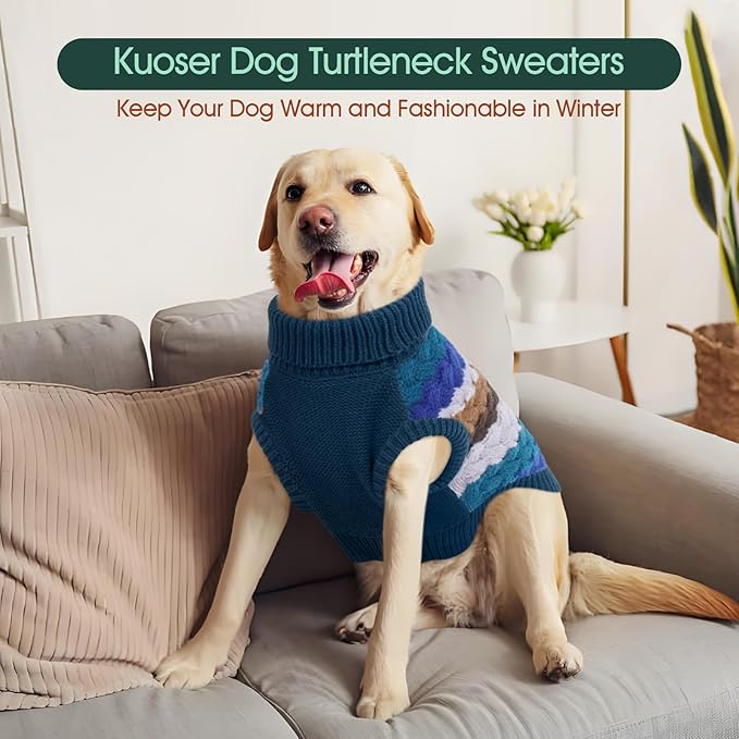 Kuoser Dog Sweater, Dog Sweaters for Medium Dogs Girl Boy, Classic Pet Knitted Sweatshirt Warm Pullover, Puppy Holiday Sweater Winter Clothes for Christmas Thanksgiving Outfit, Blue M
