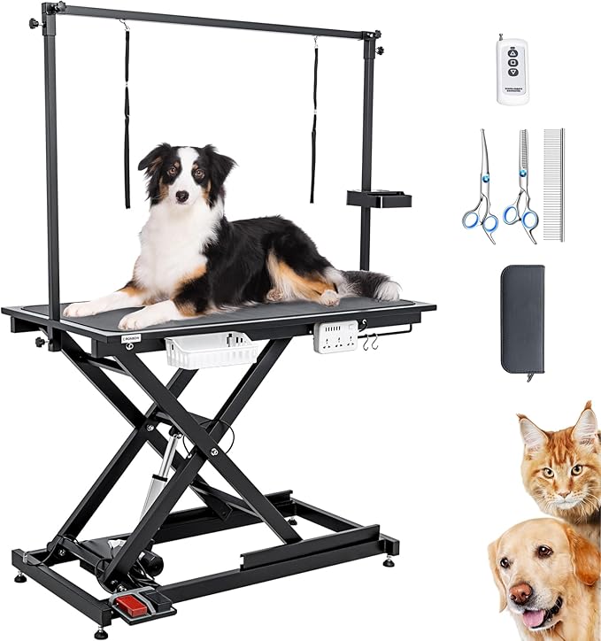 49'' Electric Dog Grooming Table, Ergonomic 400lbs Heavy Duty Grooming Table for Large Dogs at Home with 2 Nooses/Tool Organizer/Adjustable Arm/Foot Control (Black)