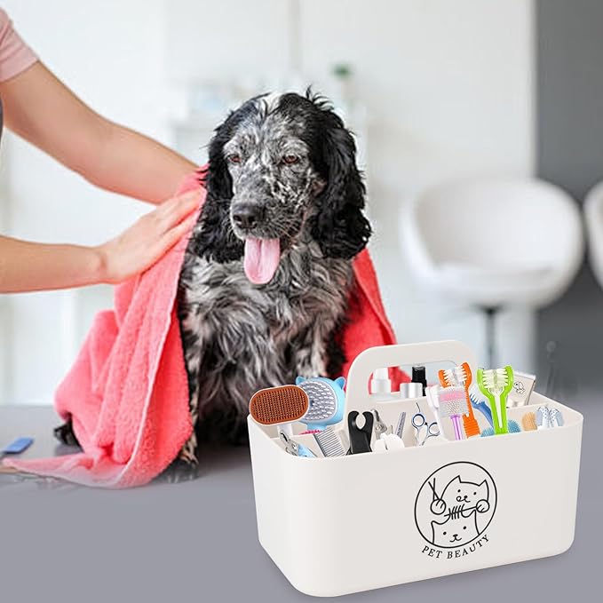 Morezi Dog grooming basket box bin in plastic small organier storage great for holding puppy cats combs shampoo brushes scissors grooming stuff in bathroom closet