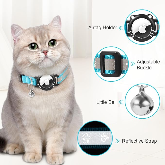 Airtag Cat Collar, Reflective Cat Collar with Apple Air Tag Holder, Breakaway GPS Tracker Pet Collar with Bell for Cat Kitten, Airtag Not Included, Blue, S(9-11 Inch)