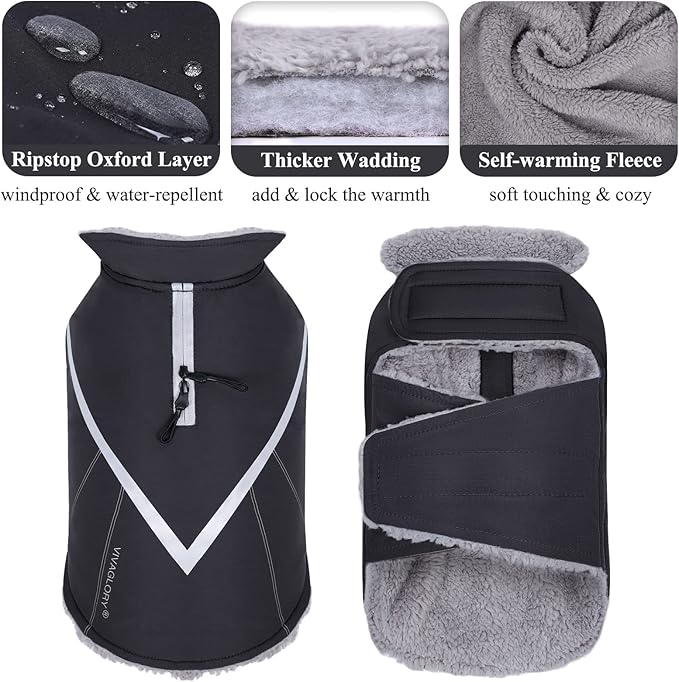 VIVAGLORY Snowrap Dog Coat, Jacket with Harness Hole & Velcro Closure, Dog Coat for Winter & Cold Weather, Fluffy Warm Fleece Lined Reflective Water Resistant for Puppy, XL, Black