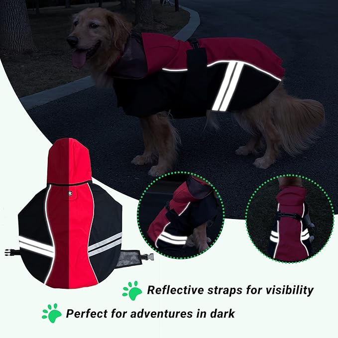 Dog Raincoat for Medium Large Extra Large Dogs, Waterproof Rain Jacket with Reflective Strap, Lightweight Hoodies Full-Body Coverage Dry Clothes (2XL, Red)