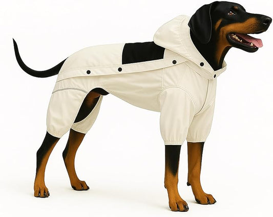 LOVELONGLONG Waterproof Dog Raincoat with Removable Hood – Outdoor Full Body Dog Jacket, Windproof Snowproof Shell Suit – All Season Pet Rain Gear Ivory XS