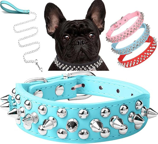 Spiked Dog Collar Soft Pu Leather Mushrooms Rivet Spike Studded Puppy Adjustable Pet Collars for Small Breeds (XS, Light Blue Set)