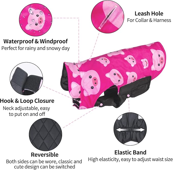 Cute Bone Winter Dog Jacket Reversible Vest Soft Coat Windproof and Waterproof with Leash Hole for Small to Large Dogs