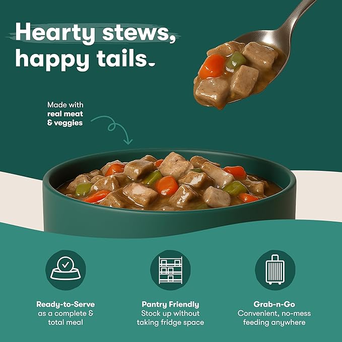 Jinx Bone Broth Stew for Dogs - Beef & Vegetables Recipe - Grain-Free Wet Dog Food & Topper for Picky Eaters - Promotes Lean Muscle Growth, A Healthy Coat & Improved Digestion - 13 Oz, 12 Pack