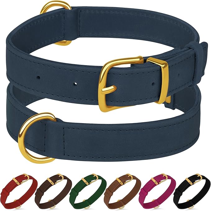 Leather Dog Collar - Heavy Duty Adjustable Soft Padded Pet Collars for Small Medium Large Dogs Breed - Black Green Brown Pink Red Blue (Smoky Blue, S, 9"-12" Neck Fit)