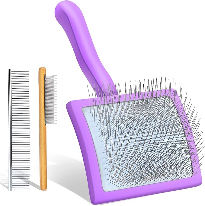 Long Pin Dog Slicker Brush for Long Haired Dogs, Removes Loose Hair, Tangles and Knots, Professional Pet Grooming Kit, Purple
