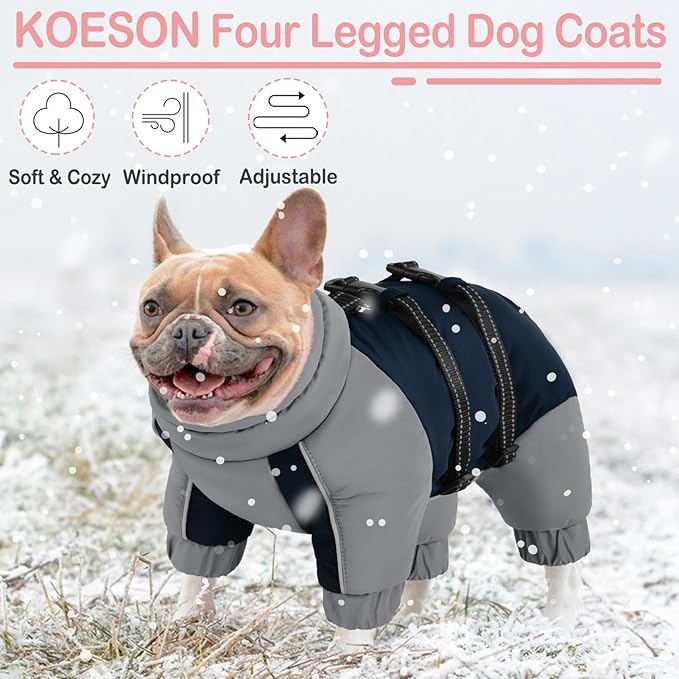 KOESON Four Legged Winter Dog Jacket with Adjustable Buckles, Turtleneck Windproof Fleece Jacket, Reflective Fullbody Puffer Coat Blue Grey M
