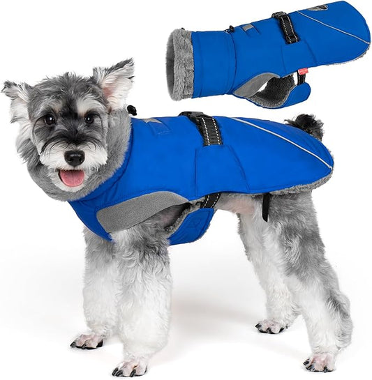 KYEESE Waterproof Dog Coat, Windproof Warm Winter Jacket with Leash Hole, Reflective Cold Weather Dog Coats for Small Dogs, Outdoor Pet Coat Cozy Puppy Jacket Thick Fleece Lined, Blue, Small