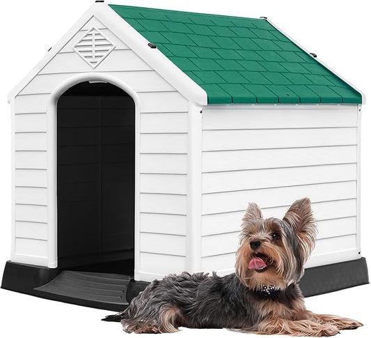 DWVO Plastic Dog House, Weatherproof Outdoor/Indoor Doghouse, Puppy Kennel with Air Vents and Elevated Floor