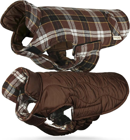 VIVAGLORY Softjoy Dog Coat, Dog Jacket for Winter & Christmas, Coat with Harness Hole & Velcro Closure, Reversible Plaid Checkered Warm Fluffy Heavy Duty for Puppy, XXS, Coffee