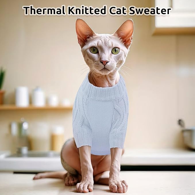 ASENKU Cat Sweater Soft Warm Puppy Clothes Knitwear for Kittens & Small Dogs, Thick Knitted Sweater for Sphynx Hairless Cats Teacup Chihuahua and Extra Small Dogs (Blue, L)