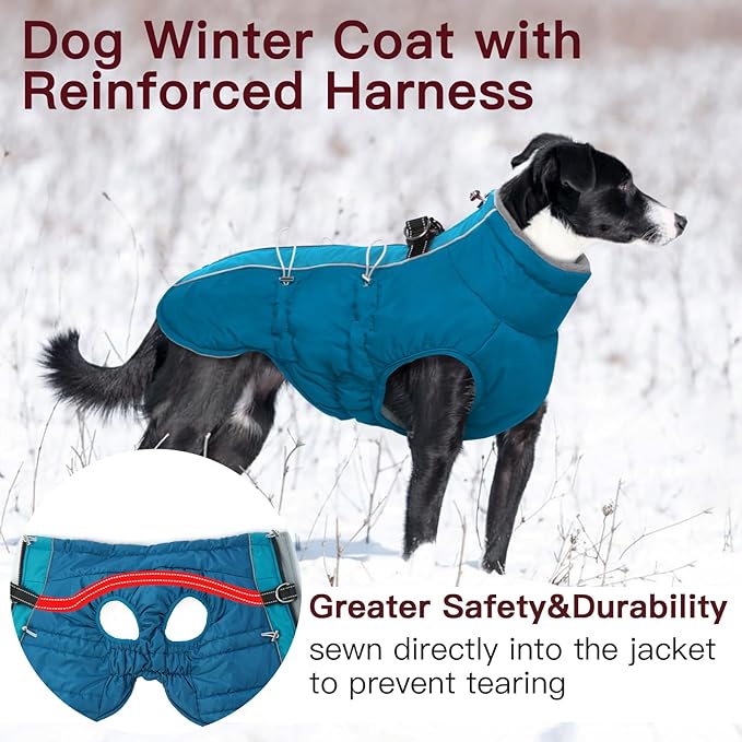 Small Dog Coat - Warm Zip Up Snowsuit Dog Harness Vest, Reflective, Water-Resistant, Green