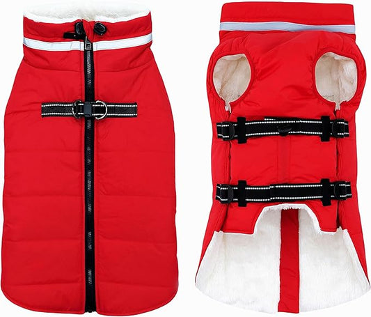 Large Dog Coat with Harness Built-in, Waterproof Reflective Fleece Lined - Warm Windproof Winter Jacket with Back Zipper, Cold Weather Snow Dog Coats - Red - 3XL