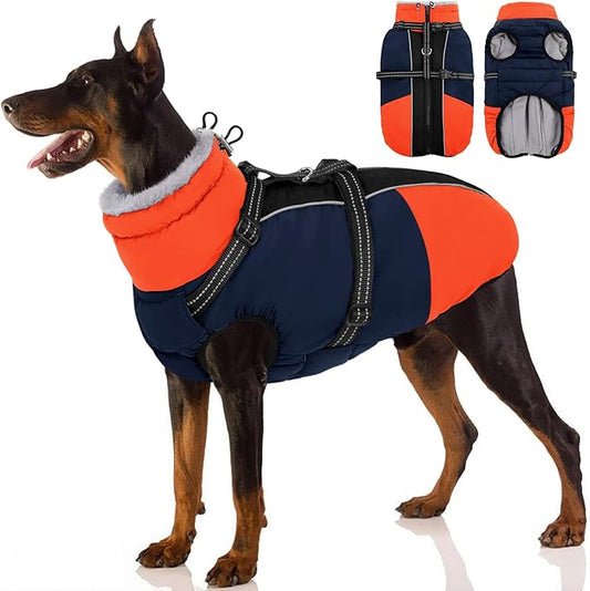 SUNFURA Dog Coat, Dog Jacket for Large Dogs with Harness Built in, Warm Pet Winter Coat Zip Up Snow Jacket with Furry Collar for Boston Terrier, French Bulldogs, Blue L