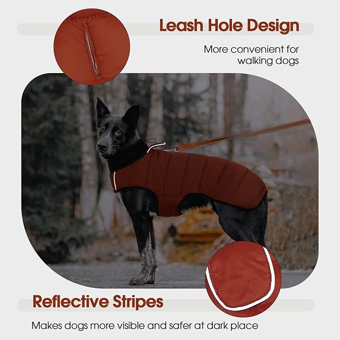 IDOMIK Dog Winter Coat, Warm Waterproof Dog Puffer Jacket with Harness Hole, Adjustable Reflective Snow Jacket Vest with Turtleneck, Pet Cold Weather Coats for Large Dogs,Caramel,2XL