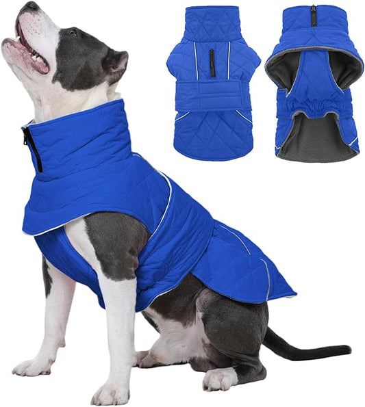 Kuoser Dog Coat, Extra Warm Dog Jacket Windproof Dogs Cold Weather Coats for Large Dogs, Fleece Lining Turtleneck Puppy Snowsuit Reflective Adjustable Pet Winter Clothes Christmas, Blue L