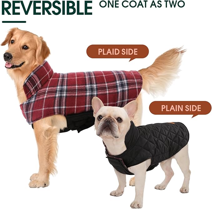 Kuoser Waterproof Dog Coat, Reversible Dog Jacket for Small Dogs, Adjustable Durable Doggie Winter Coat Warm Cozy Puppy Cold Weather Apparel from Small to Large Breed, Red S