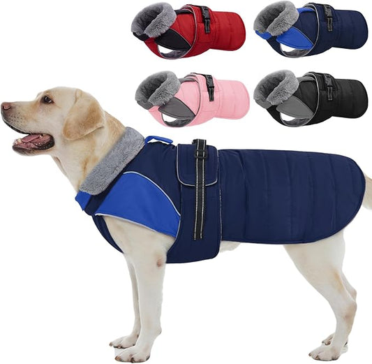 Nanaki Large Dog Coat for Winter Waterproof, Warm Fleece Lining Reflective Large Dog Jacket with Leash Hole, Furry Collar Cold Weather Puppy Vest Outdoor Walking Hunting Easy On Pet Snowsuit Blue 2XL