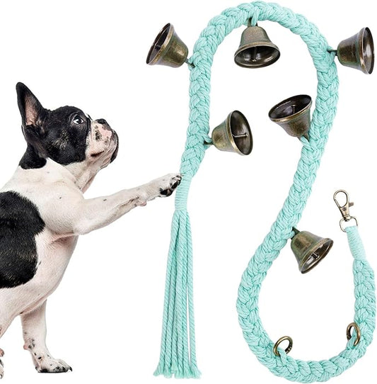 Dog Bell for Door Potty Training, Cotton Handwoven Dog Doorbell with 6 Extra Loud Bells for Dog Training, Adjustable Hanging Door Bell for Small Medium Large Dogs to Ring to Go Outside, LightGreen