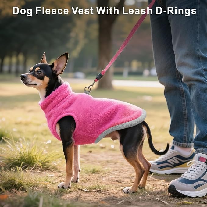 Idepet 2 Pack Dog Fleece Vest Sweater Warm Pullover Jacket with D-Ring Leash Reflective Winter Coat Hoodie for French Bulldog Pug Chihuahuas Yorkies Dachshunds(Red&Rose Red,X-Large-French Bulldog)