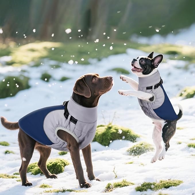 DENTRUN Dog Coat with Harness Built in, Easy On/Off Zipper Closure Winter Dog Vest, Water-Repellent Fleece Lined Warm Jacket with Reflective for Medium Dogs, Dark Blue, L