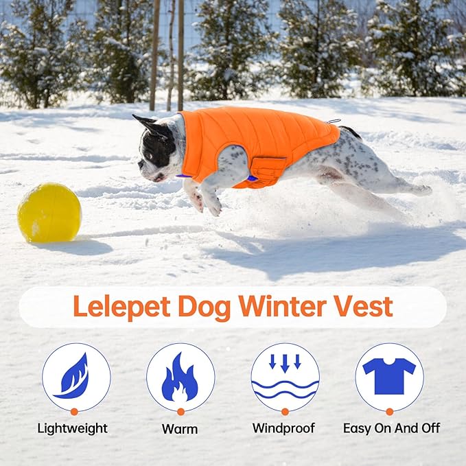 Lelepet Reversible Dog Coat Waterproof Dog Jacket Windproof Puffer Vest for Winter Warm Lightweight Coats for Medium Dogs Adjustbale Hook & Loop Pet Apparel with Leash Hole, French Bulldog, Orange, L