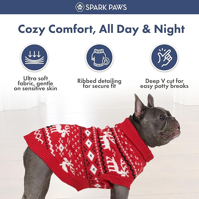 Spark Paws Christmas Dog Sweater – Ultra Soft Holiday Knit Sweater for Small, Medium & Large Dogs, Cute Pet Sweater for French Bulldogs & Big Dogs, Easy Potty V Cut Design Jacket - (Dasher Red,XL)